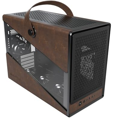 MONTECH Heritage mATX, Micro-Formfaktor, kompaktes Leder-Gaming-Gehäuse mit charakteristischem Griff-Design, unterstützt neueste GPUs, ATX-Netzteil, 360 mm AIO, 4 Lüfter, Kopfhöreraufhänger, Schwarz