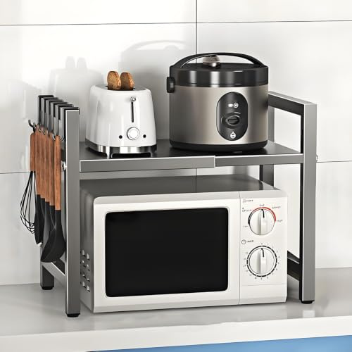 Estantería microondas de 2 Niveles, 40-60 cm, para encimera | Estructura extensible gris, 6 ganchos laterales, organización de utensilios y pequeños electrodomésticos