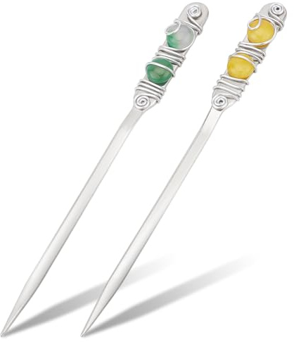 NBEADS 2 Stk. 2 Farben Perlen-Brieföffner, Silber Briefumschlag-Brieföffner mit 2 Achat und Jade Draht Gewickelt Edelstahl Brieföffner für DIY Geschenk Büro Hausbedarf