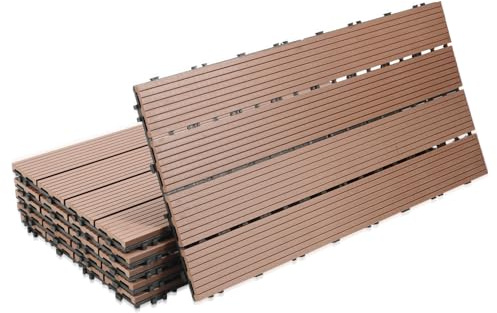 Eulenke WPC terrassplattor 36 stycken, 30 x 60 cm terrassbrädor för balkonggolv, klickplattor, balkongplattor i träutseende, golvbeläggning väderbeständig för terrass, för 6 m², brunröd
