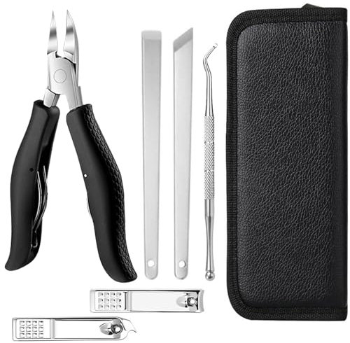 7Pcs Set Pince Coupe Ongles Tranchant avce Lame Incurvée Inclinée & Lime, Set Ciseaux Ongle Pied Prise Souple Robustes Précision, Kit Manucure Pedicure Pointu Super pour Orteils Épais Incarné