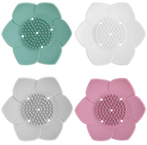 ANNASAMDO 4 Stück Silikon Seifenschalen Lotus, rutschfest mit Ablauföffnungen für Bad, Dusche, Waschbecken & Küche, Weiß, Grau, Rosa, Grün