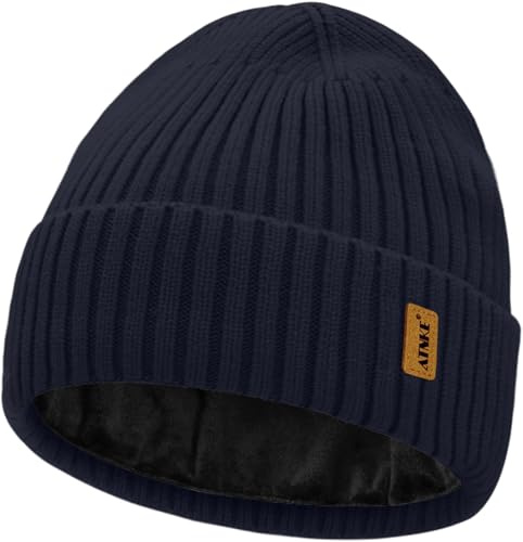 ATNKE Stickad beanie-mössa för män och kvinnor, vinter mjuk manschett, ullig, stretchig, tjock, varm, fleece, fodrad, dödskalle, mössa, vardagsgåvor, Marinblå, one size