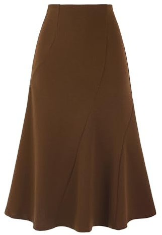 Allegra K High Waisted Flared Skirts for Women's 1950s Elasticated Waist Office Casual Midi Skirt Brown S