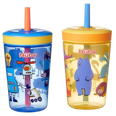 Nuby Sip It Swirler Cup - Bicchiere per bambini con cannuccia a 360°, a prova di fuoriuscite, 420 ml, adatto per bambini dai 18 mesi, confezione da 2 (blu e giallo)