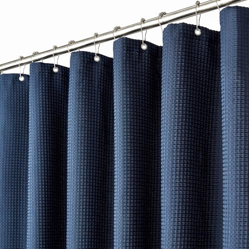 BTTN Duschvorhang Waffelstruktur 180x200 cm wasserdicht, Blau/Marineblau | 12 Plastikhaken, Rückseitig Laminiert Wasserdicht, Waffelstruktur, Anti-Schimmel, Beschwerter Saum, Waschbar Textil Stoff