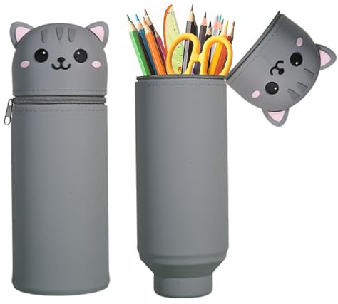 MEISHANG Federmäppchen Silikon-Katze,18 Modelle zur Auswahl,2 in 1 Weiche Silikontasche,Mäppchen Tier 18,5 cm Hoch, Reißverschluss und Ausdehnbar,Stifte Mäppchen für Mädchen Junge(Grau)