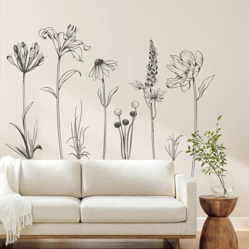 Supzone Pegatinas de Pared Flors Negra Boho Vinilos Decorativos Floral Silvestre en Boceto Simple Adhesivos Pared Dormitorio Habitación Sala de Estar Oficina