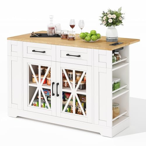 Isla de cocina de 120 cm con mesa de comedor plegable, 6 estantes abiertos, 2 enchufes y puertos USB, puertas de cristal ajustables, 4 ruedas con freno, práctica isla multifunción para cocina (120 x