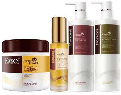 Karseell MACA CARE SYSTEM Maschera Capelli al Collagene + Olio di Argan + Shampoo Idratante + Balsamo Riparatore Anticrespo Maca Cocco Capelli Secchi Danneggiati Tutti Tipi di Capelli Senza Solfati