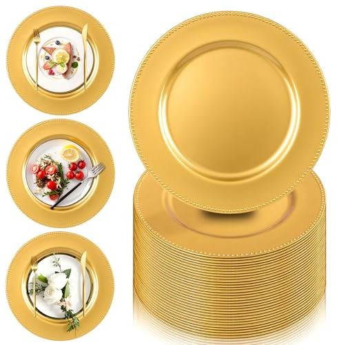 PROY 13 Gold Charger Plates Set of 100,Premium Round Plate Chargers for Dinner Plate with Beaded Rim, Plastic Table Chargers for Wedding Party, Elegant Tabletop Decor, Thanksgiving, Christmas