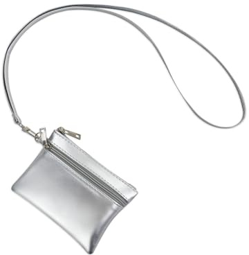 AfitLulu Small Coin Purse PU Leather Coin Pouch for Women and Girl, Mini Purse with 2 Zipperd Pockets and Removeable Neck Strap Small Zip Purses for Keys Cards Jewelry (Silvery)