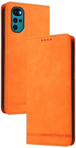 GOGME Funda Cartera de Cuero para Motorola Moto G22 – Carcasa con Cierre Magnético, Protección RFID, Tarjetero y Soporte Antigolpes - Naranja