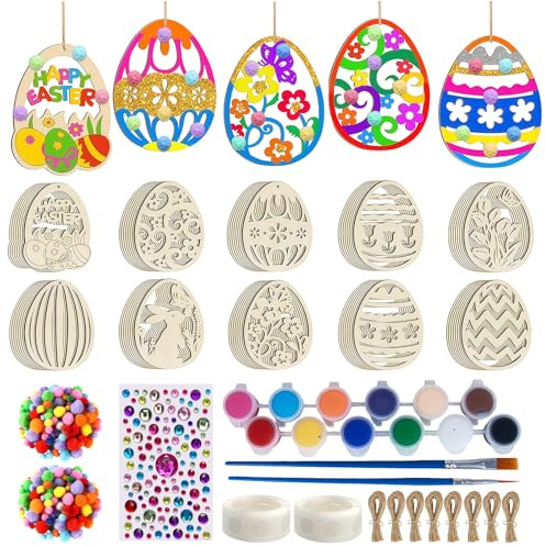 Ostern Basteln Kinder, Osterbasteln mit Kindern, Osterdeko, Ostergeschenke Kinder, Diy Anhänger Ostern, 136 Stück Bastelset, mit Aquarellstift, Farbige Haarkugel, Aufkleber, Klebstoff, Deko Schnur