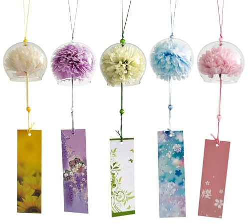Packool Blumen-Glas-Windspiele mit Anhängern, 5-teiliges Japanisches Windspiel, wasserfeste Glasglocken für den Außenbereich, realistische Blumendekorationen für drinnen und draußen