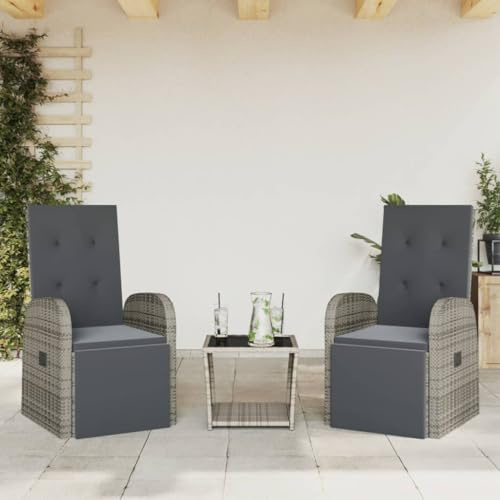Mokuyary Grupo de comedor de jardín de 3 piezas, con cojín, color gris, poliratán, mesa de comedor, comedor, impermeable, balcón, patio, terrazas con reposapiés