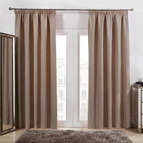 Dreamscene Pencil Pleat Blackout Curtains Set of 2 Thermal Tape Top Heading Panels, Beige Natural - Width 66 x Drop 90