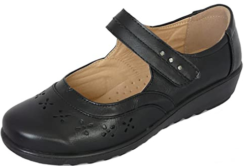 Cushion Walk Womens Ladies Lightweight Black Faux Leather Mary Jane Flats, Casual Work Office Comfort Shoes (7 UK)