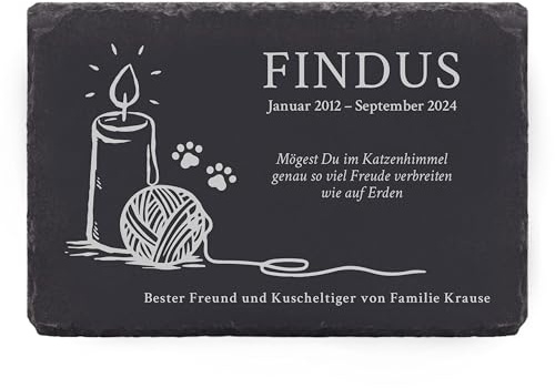 LAUBLUST Grabstein Katze - Gedenktafel Personalisiert mit Wunschtext - Trauerkerze | 3 Größen - Schiefer