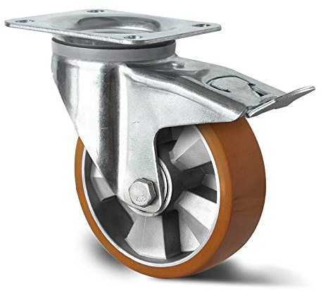 Abrollwerk Schwerlast Lenkrolle 200 mm mit Totalfeststeller – Polyurethan Lauffläche, Doppelkugellager, Alu-Radkörper – Industrie-Rolle für hohe Belastung