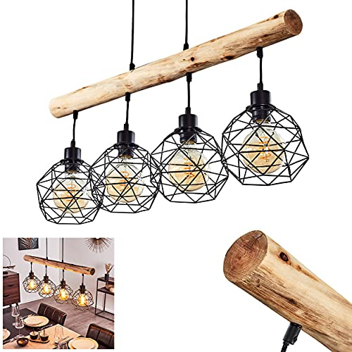 HOFSTEIN Pendelleuchte Bacabal, Hängelampe aus Metall/Holz in Schwarz/Naturfarben, höhenverstellbare Hängeleuchte mit Holzstab, Schirme in Gitter-Optik, 4-flammig, 4 x E27, Esszimmer, Küche