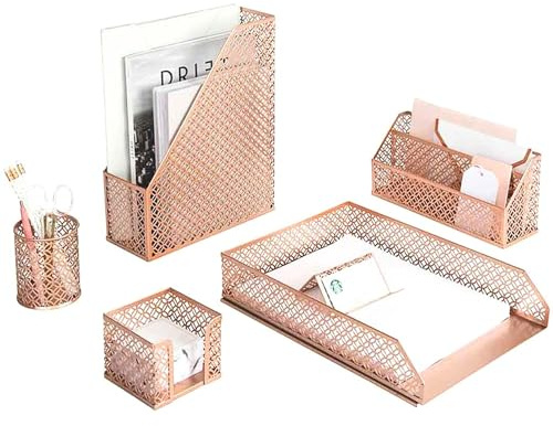 Blu Monaco 6-teiliges Roségold-Schreibtisch-Organizer-Set - Schreibtisch-Sets - Büro-Set - Roségold-Schreibtisch-Zubehör - Schreibtischtop-Organisation