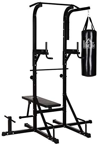 HOMCOM Station de musculation Fitness entrainement complet - barre de traction, à dips, banc de musculation pliable, poignées push-up, sac de frappe - acier noir
