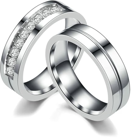 Bishilin Eheringe Edelstahl Set Pärchen Ringe mit Gravur, Ringe Personalisiert 6MM Hochglanzpoliert mit Zirkonia Partnerringe für Sie und Ihn Damen Gr.54 (17.2) & Herren Gr.65 (20.7)