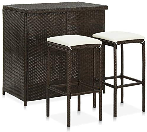 Tidyard Gartenbar 3-TLG. Poly Rattan Gartenmöbel Garten Theke Tresen Sitzgruppe Bartisch Barhocker mit Sitzpolster Braun und Cremeweiß