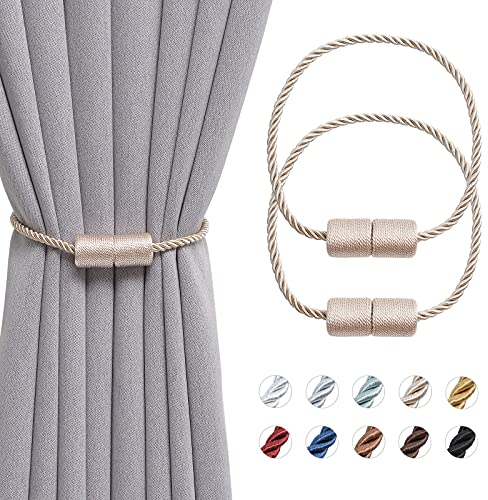 Pretty Jolly 2 Pack Magnetic Curtain Tiebacks 16 Inch Handmade Weave Side Rope Curtain Holdbacks Convenient Decorative Cylinder Curtain Drape Tie Backs for Home & Office Window Drapery (Beige)