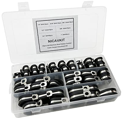 NICAVKIT 66pz fascette fermacavo in gomma, Foderato in gomma P clips Morsetto per cavi, Gomma fascette stringitubo fascette fermacavi kit acciaio inox 7 misure 6/8/10/13/16/19/25mm