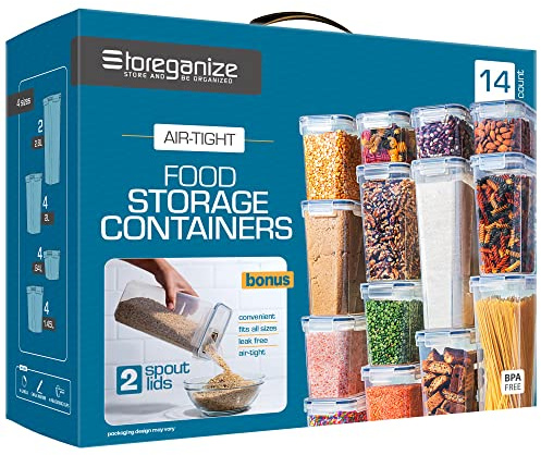 14 PCS Airtight Food Storage Containers with Lids set, BPA Free Leak-proof Kitchen and Pantry Organization Canisters for Cereal, Pasta, Dry Food, Flour Sugar, Stackable, Free Label, Marker, Scoop