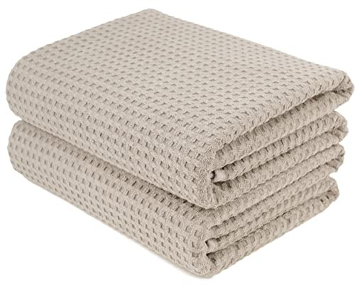 Polyte - Toalla de baño de Microfibra antipelusa - Secado rápido - Punto gofrado - Beige - Grande: 152,4 x 76,2 cm - Pack de 2