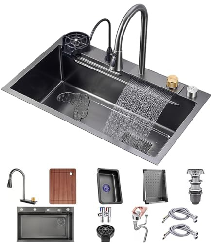 Lavello da Cucina Nano Nero 304 Lavandino A Cascata in Acciaio Inossidabile Lavello di Preparazione A Barre Monouso Multiuso con Rubinetto E Scarico Scendi O sotto Il Supporto (Color : Black, S : 80