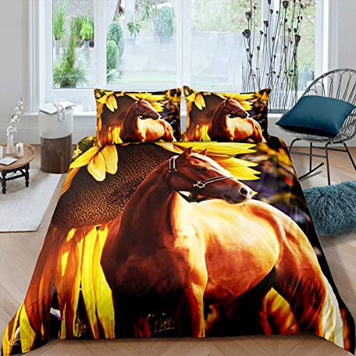 JZZFBW Bettwäsche 155x220 Tier Pferd Braun 3D Gedruckte Bettwäsche Kuschelig Bügelfrei & Knitterfrei Bettwäsche Sets mit Reißverschluss + 2 Kissenbezüge 80x80 cm für KinderErwachsene