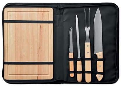 Hochwertiges Edelstahl Grill-BBQ-Set aus 5 Teilen mit Messern, Schneidebrett, Schärfer und Gabel - Schaft und Brett aus Bambus - inklusive Tasche von notrash2003