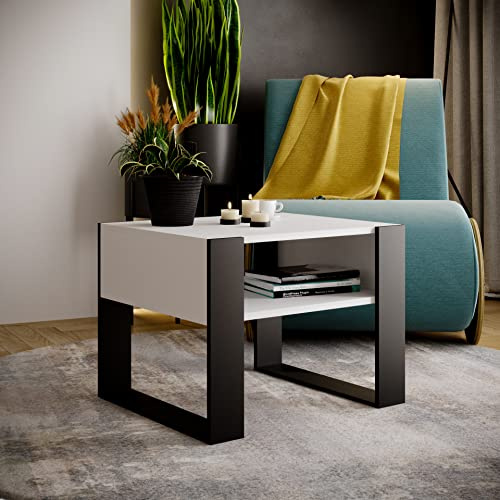 MRBLS_HOME MRBLS Couchtisch – modernes rustikales Design – Wohnzimmer-Tisch Beistelltisch Kaffeetisch Sofatisch Teetisch aus Holz (Weiß Matt - Schwarz Matt) - 65 x 45 x 53,6cm (B/H/T)