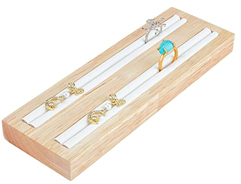 HOBBIESAY 1 Pcs 2 Fentes Bois Anneau Présentoir 19.2cm Blanc Anneaux Organisateur Titulaire avec PU Simili Cuir Rectangulaire Bijoux Bague Boucles d'oreilles Organisateur Présentoir Support en Bois