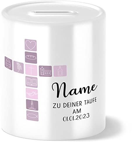 OWLBOOK Taufe Kreuz mit Symbolen rosa Spardose personalisiert zur Taufe für Mädchen und Jungen Jungs als Taufgeschenk Geschenk Geschenkidee Geldgeschenk Dekoration