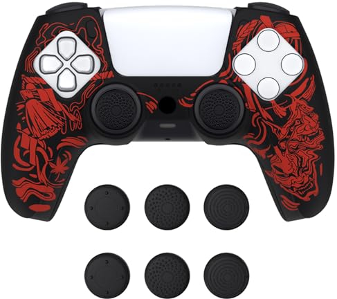 playvital Coque Protection pour ps5 Manette,Housse Silicone avec 6 Capuchon Joystick pour ps5 Grip Cover Skin Compatible avec Station de Charge-Rouge,Samouraï Prajna
