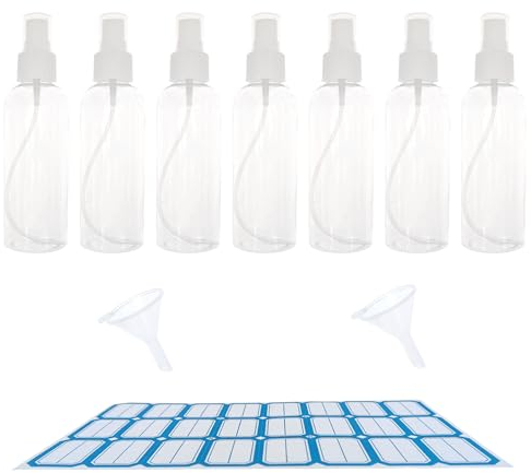 ZHIYE 7PCS Spray Bottle, 100ml Plastic Refillable Spray Bottle Clear Empty Fine Mist Atomiser Travel Bottle with Funnel and Labels for Cleaning Make-up Cosmetic Hair