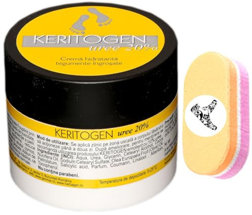 KERITOGEN Crema Urea 20%, Eczemi, Cheratosi, Psoriasi, Eruzioni Cutanee, Riduce il Prurito, Sechezza, Pelle Secca e Screpolata, Calli, Duroni, Desquamazioni,- Cocos e Olio d'Oliva, 50g + Mini Buffer