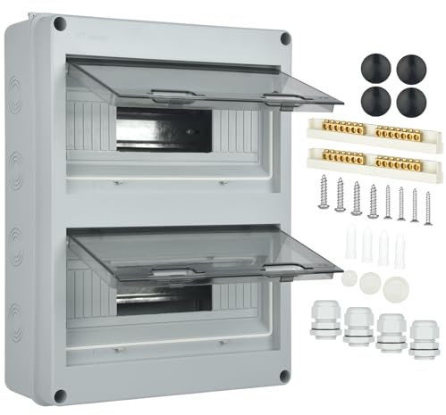 Sicherungskasten Aufputz, Verteiler IP65-2 Reihig-24 Module, Mit Messingklemmen 4 Steckverbinder, Geeignet für Gärten im Freien, Bauernhöfe, Ladesäulen, Feuchtraum, Außenbereich