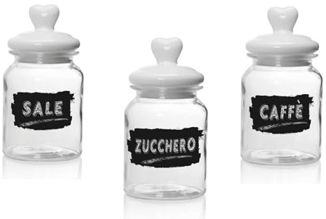 Utilissimi EDITACASA - Set Tris Barattoli Contenitori Sale, Zucchero Caffè, in vetro con tappo in ceramica, stile Elegant Shabby Chic - capienza 1000 ml - misure 11x21cm