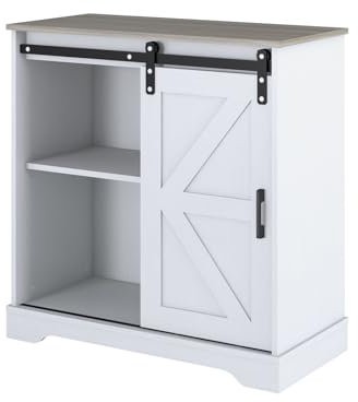 Panana Sliding Barn Door Buffet Sideboard Storage Cabinet Home Bar Kitchen Farmhouse Style (Natural Top + White Body)