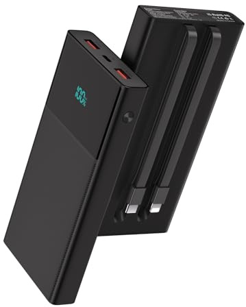 Chargeur Portable avec 2 câbles en 1 (USB-C et iOS), 13000mAh PD Charge Rapide Banque d’Alimentation Durable avec LED, Chargeur de Secours de Batterie pour iPhone, Android- Noir (Noir)