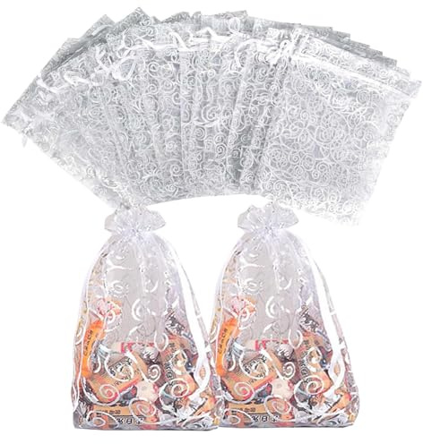 50 Stück Organzasäckchen 13 x 18 cm, Organza Säckchen Silber Kordelzug Geschenksäckchen für Hochzeit Weihnachten Jubiläum