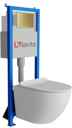 Lavita LAV 101 Vorwandelement für WC 40cm + Wand Hänge Tiefspül WC SOFI SLIM Weiß Spülrandlos + Bedienplatte LAV 200.3.5 Gold | Komplettset | Unterputz Spülkasten | Toilette Komplett Sett