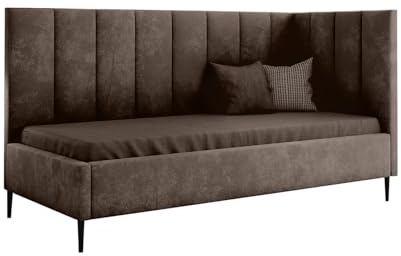 Ares Meble Modernes Kinderbett Inez - Baby Bett - Bett zum Kinderzimmer, Gepolstert, mit Bettzeugfach - Schwarze Holzbeine, Bettrahmen aus Buchenholz, Velour (Braun, 120x200 cm)