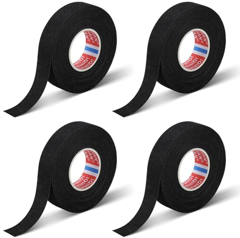 4 Rolls Wiring Loom Tape, Black Fabric Tape Adhesive 1.9CM x 15M Wiring Harness Tape, Cable Clothes Tape Reduces Cable Noise, Self Amalgamating Tape Electric Tape Black for Automotive Cable Fixing